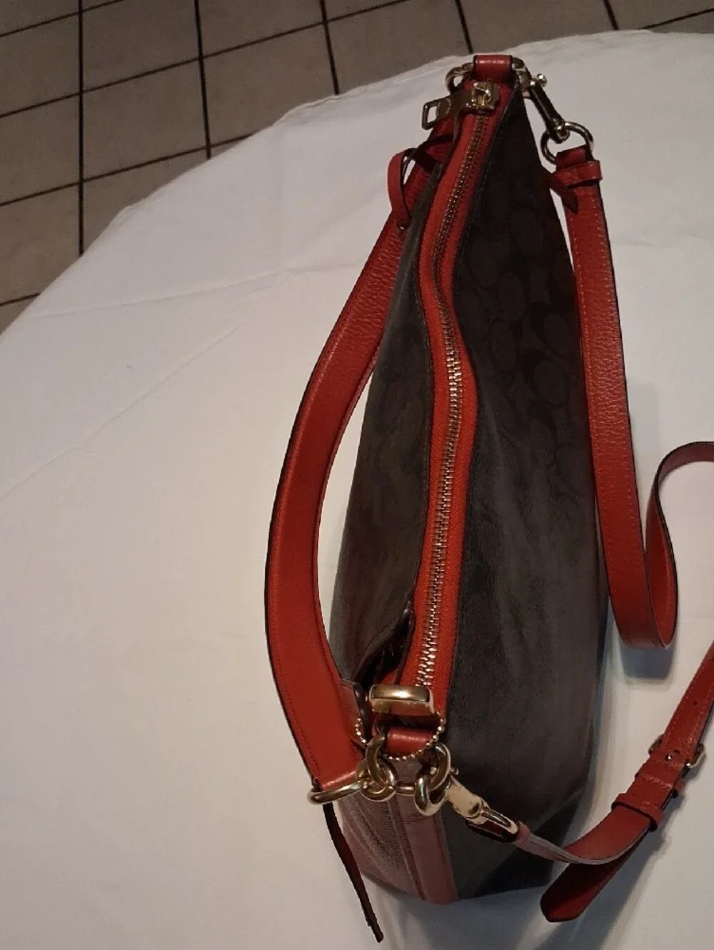 Coach Brown Signature Canvas Shoulder Bag with Red Leather Trim Gold tone logo